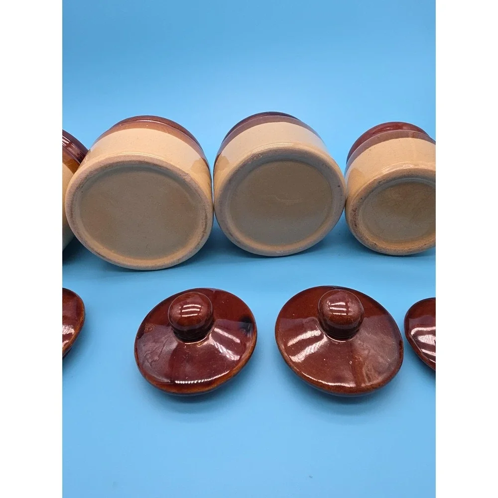 4 Brown & Tan Stoneware Crocks 3 Tone Jars with Lids 2.75